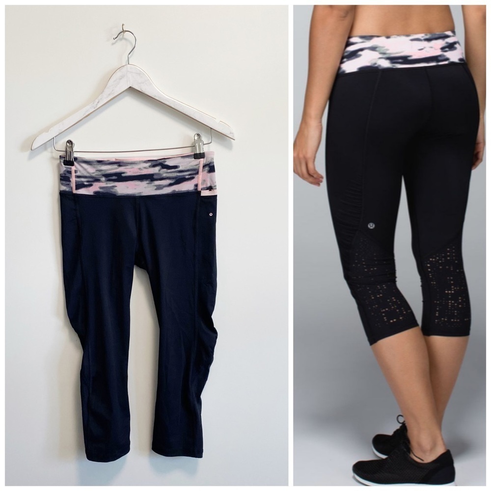 LULULEMON Water Bound Crop Wamo Camo Bleached Coral Pink Black Swim Size 4